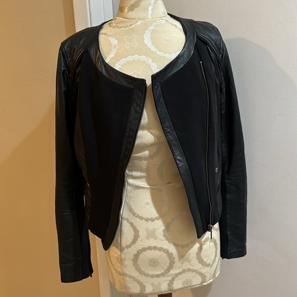 Anthropologie Elevenses Genuine Leather Cotton Cropped Moto Zip Jacket Sz 6 - Picture 7 of 16